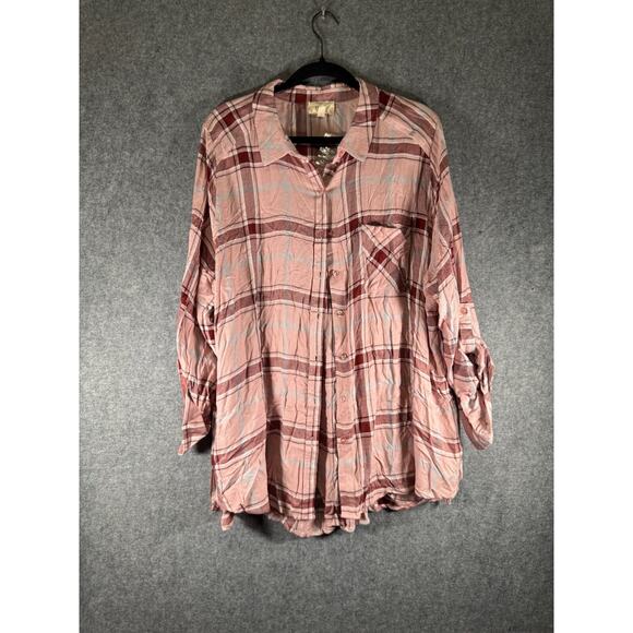 Perch By Blu Pepper Blouse Women 3XL Long Sleeve Button Front Pink Striped Relax - Picture 1 of 7